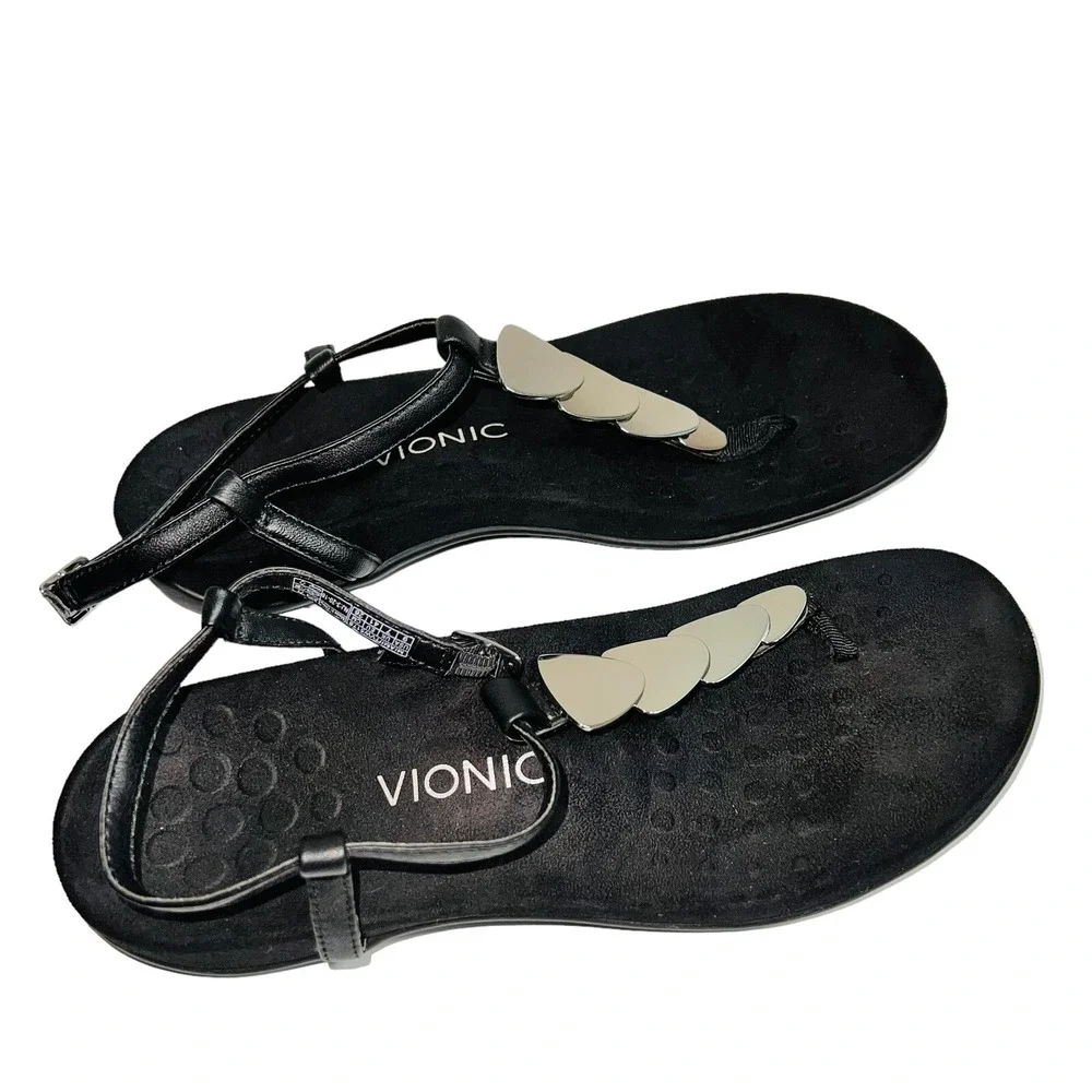 Vionic Orthaheel Miami Womens Leather T-Strap Sandals Slides Size 9 Black Silver